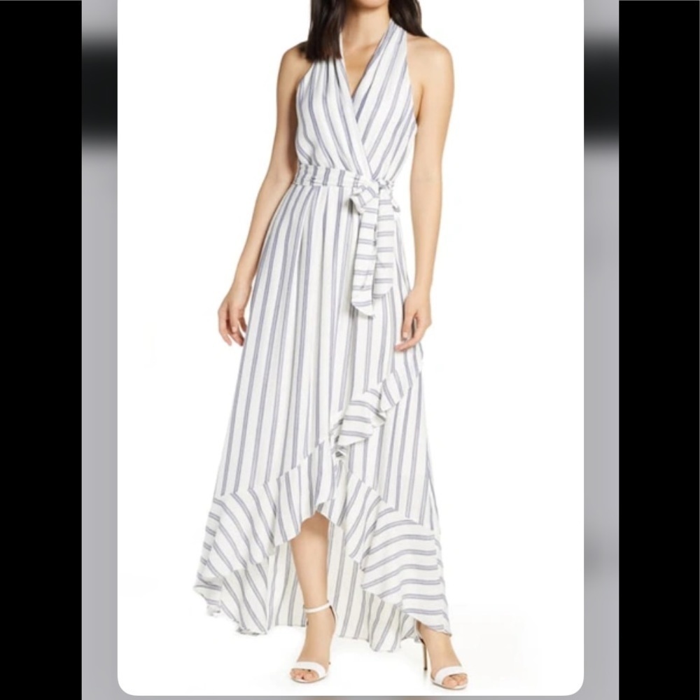 // JULIA JORDAN Metallic Stripe Halter Maxi Dress Ivory/ Blue